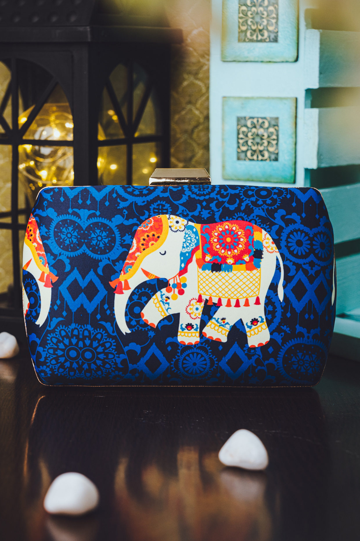 Blue Satin Printed Box Clutch by NR By Nidhi Rathi at Pernia's Pop Up Shop