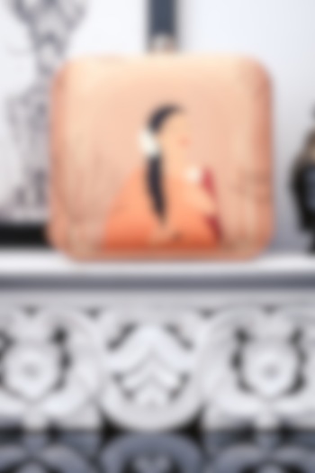 Beige Satin Printed Box Clutch by NR By Nidhi Rathi at Pernia's Pop Up Shop