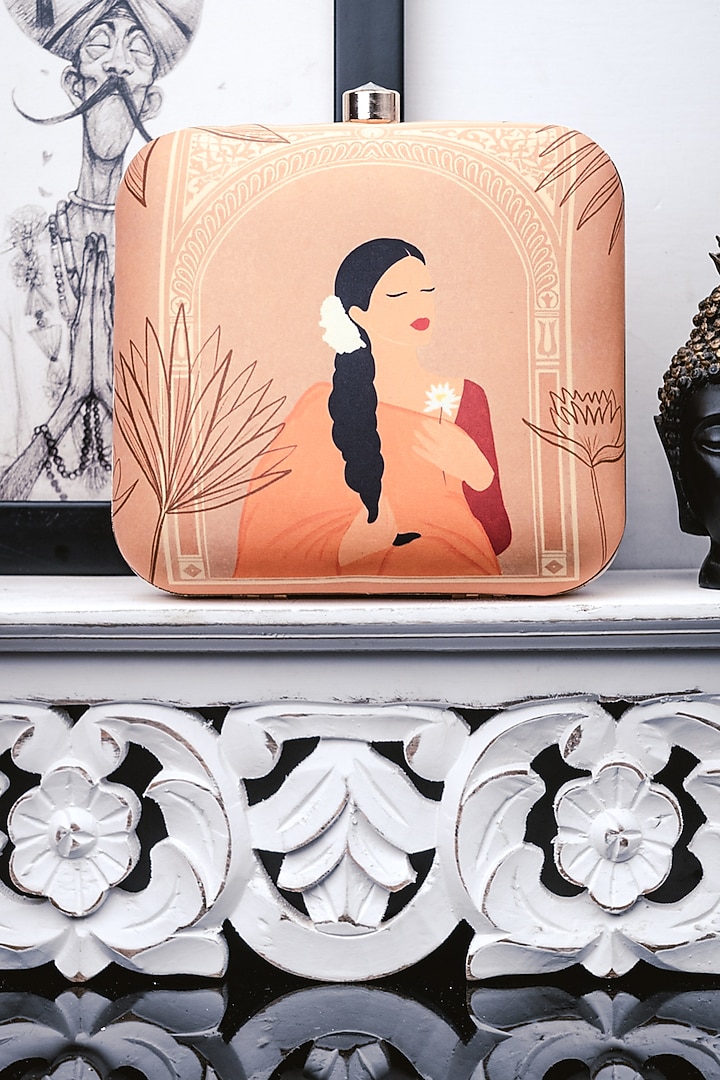 Beige Satin Printed Box Clutch by NR By Nidhi Rathi at Pernia's Pop Up Shop