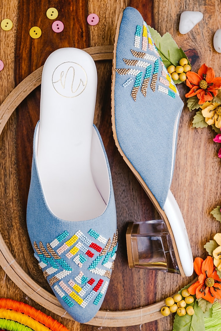 Blue Synthetic Patent Embellished Mules by NR By Nidhi Rathi