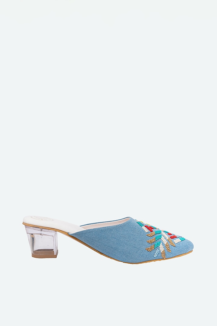 Blue Synthetic Patent Embellished Mules by NR By Nidhi Rathi at Pernia's Pop Up Shop