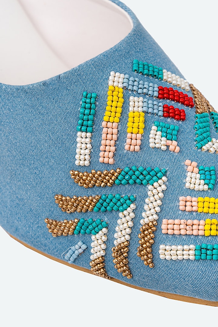 Blue Synthetic Patent Embellished Mules by NR By Nidhi Rathi at Pernia's Pop Up Shop