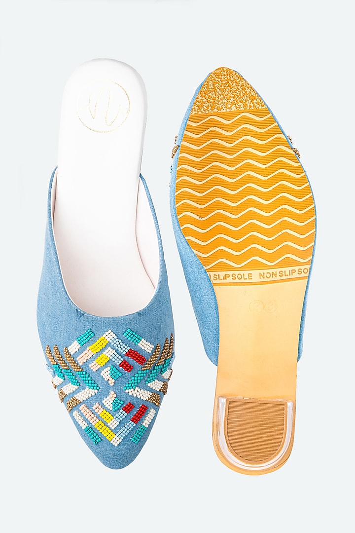 Blue Synthetic Patent Embellished Mules by NR By Nidhi Rathi at Pernia's Pop Up Shop