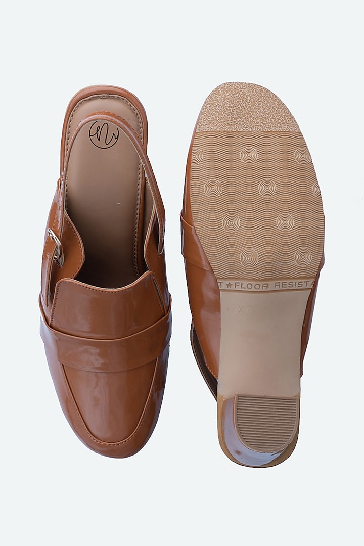Camel Brown Leather Mules by NR By Nidhi Rathi at Pernia's Pop Up Shop