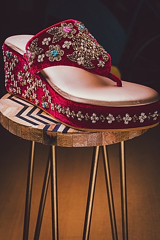 Pink Velvet Embellished Wedges by NR By Nidhi Rathi