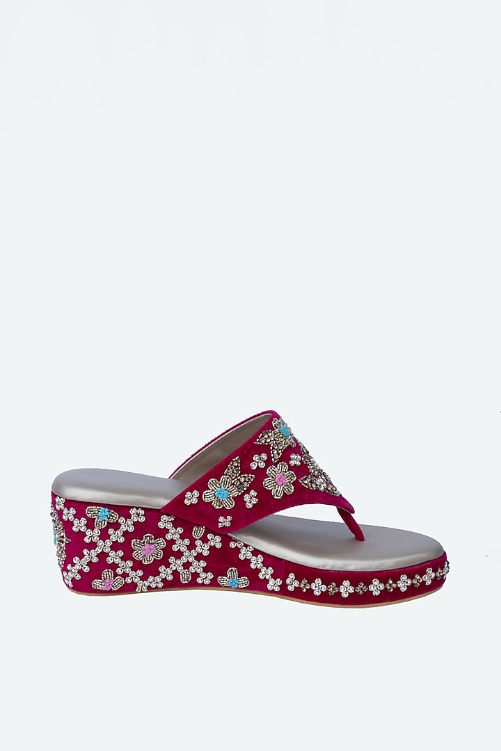 Pink Velvet Embellished Wedges by NR By Nidhi Rathi at Pernia's Pop Up Shop