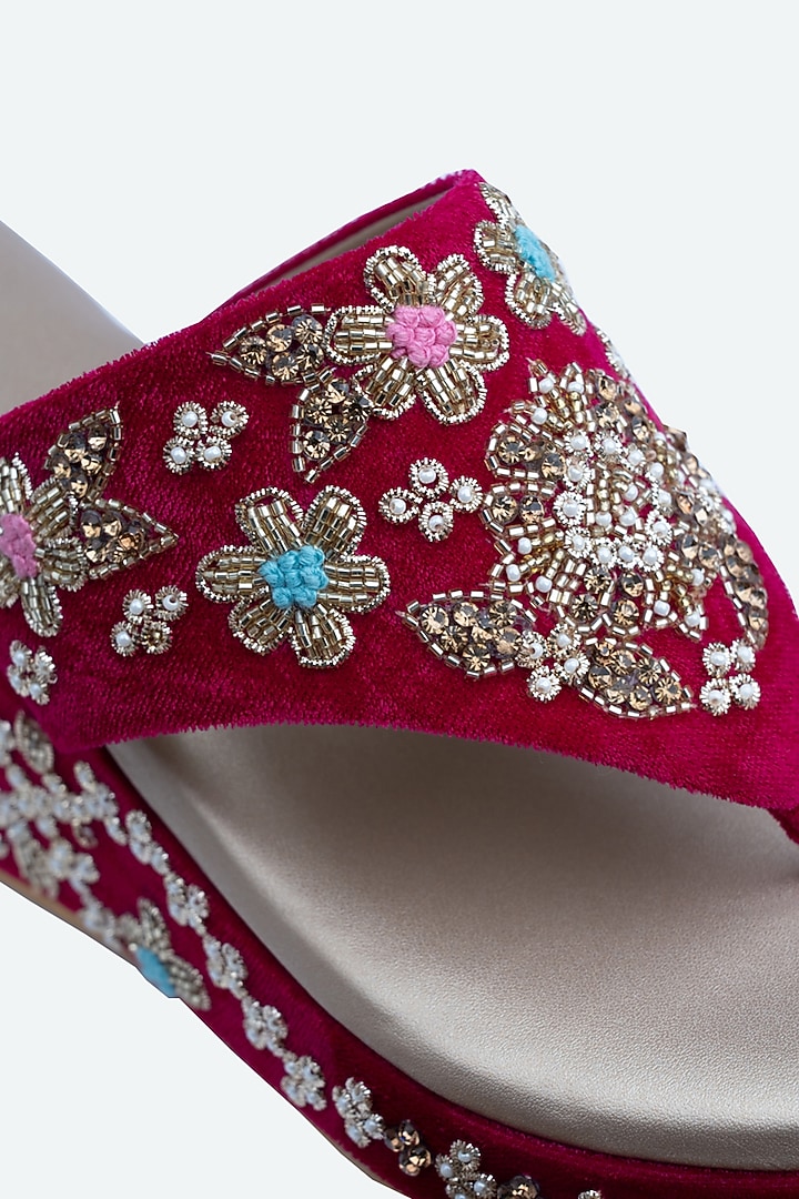 Pink Velvet Embellished Wedges by NR By Nidhi Rathi at Pernia's Pop Up Shop