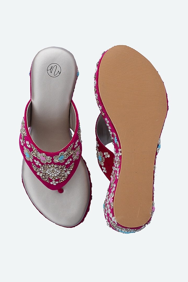 Pink Velvet Embellished Wedges by NR By Nidhi Rathi at Pernia's Pop Up Shop