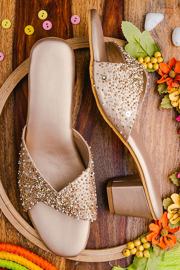 Gold Leather Embellished Heels by NR By Nidhi Rathi