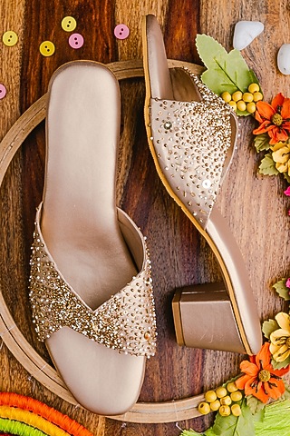 Gold Leather Embellished Heels by NR By Nidhi Rathi