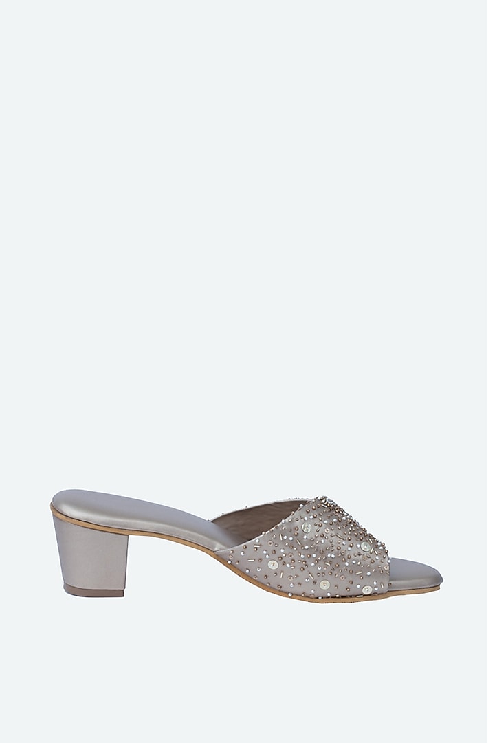 Gold Leather Embellished Heels by NR By Nidhi Rathi at Pernia's Pop Up Shop