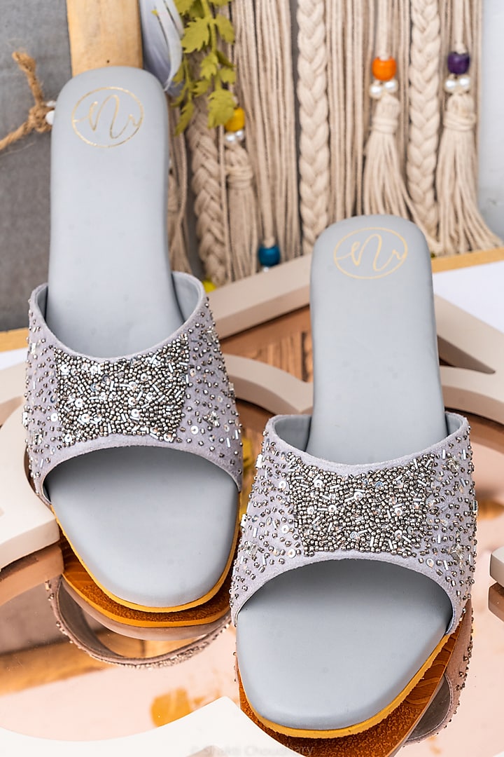 Silver Leather Embellished Heels by NR By Nidhi Rathi