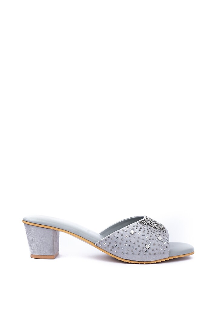 Silver Leather Embellished Heels by NR By Nidhi Rathi at Pernia's Pop Up Shop