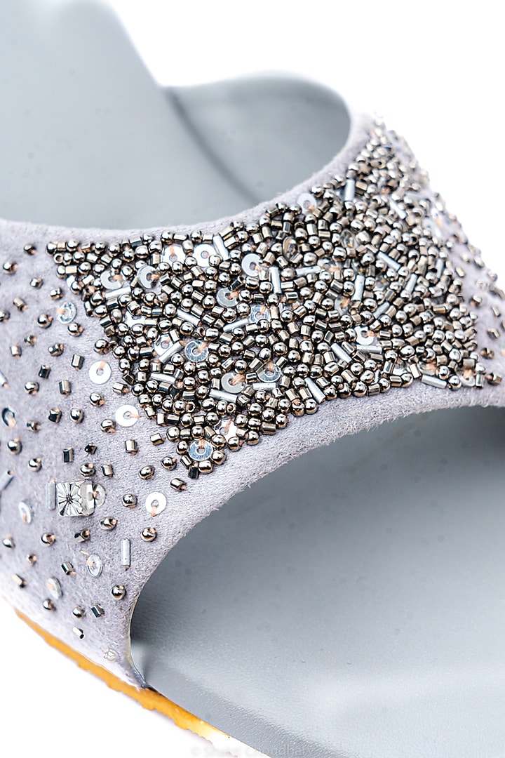 Silver Leather Embellished Heels by NR By Nidhi Rathi at Pernia's Pop Up Shop