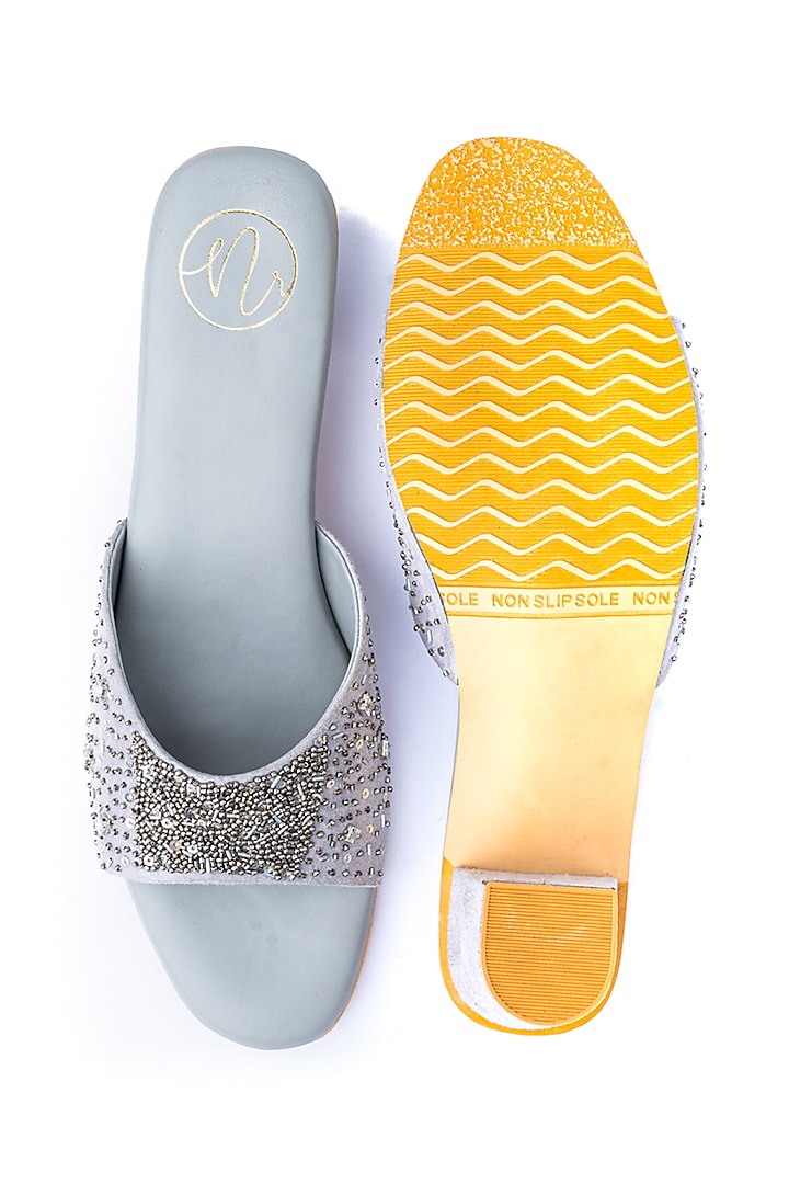 Silver Leather Embellished Heels by NR By Nidhi Rathi at Pernia's Pop Up Shop