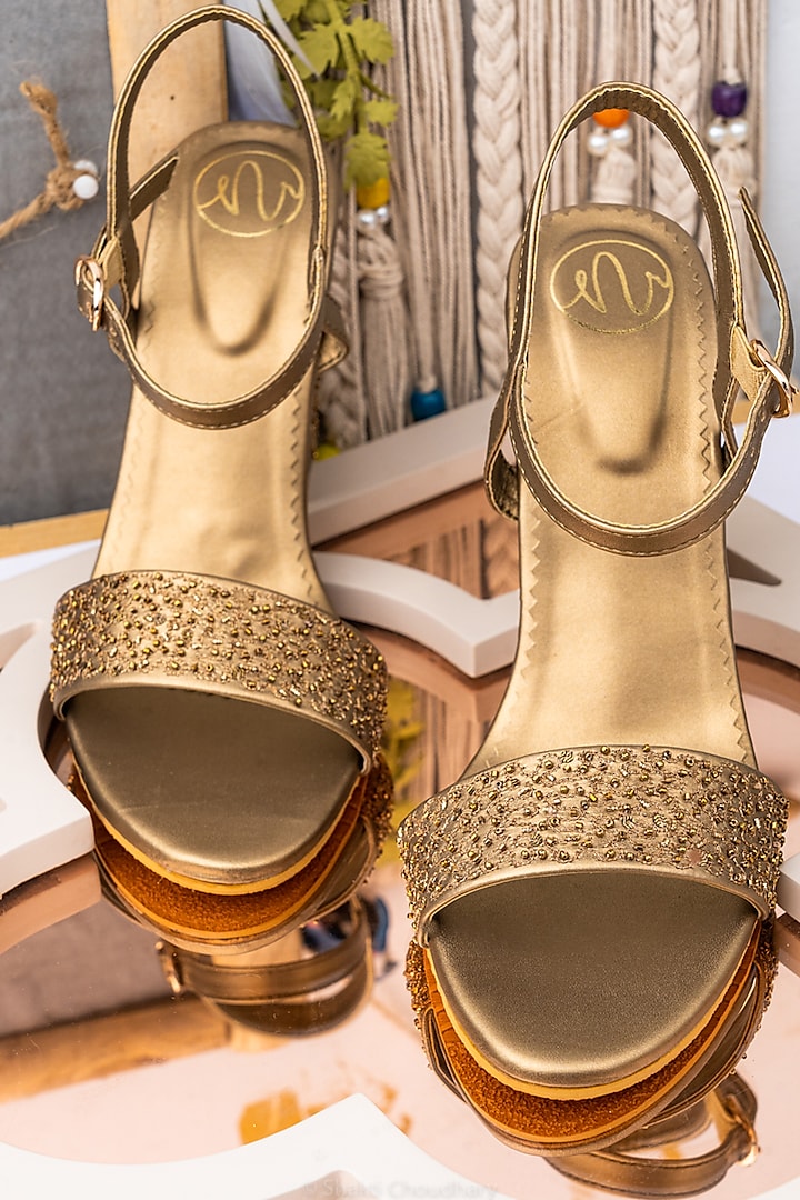 Gold Leather Embellished Pumps by NR By Nidhi Rathi