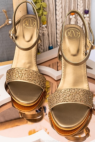 Gold Leather Embellished Pumps by NR By Nidhi Rathi