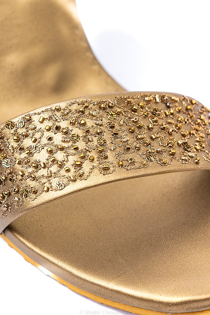 Gold Leather Embellished Pumps by NR By Nidhi Rathi at Pernia's Pop Up Shop