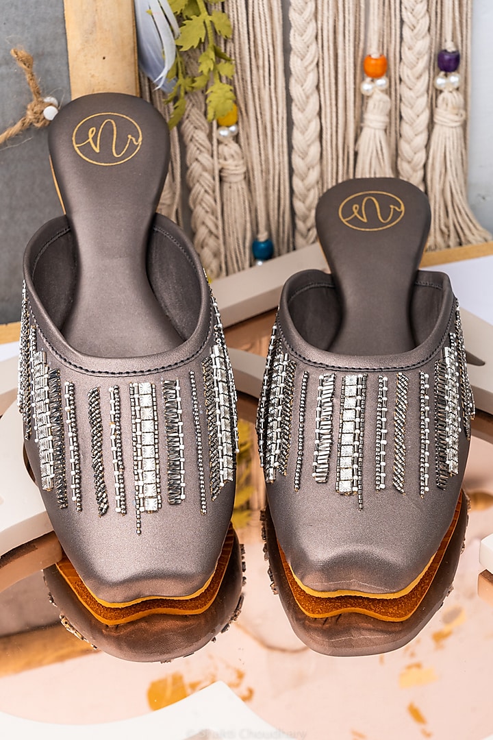 Metallic Grey Leather Embellished Mules by NR By Nidhi Rathi