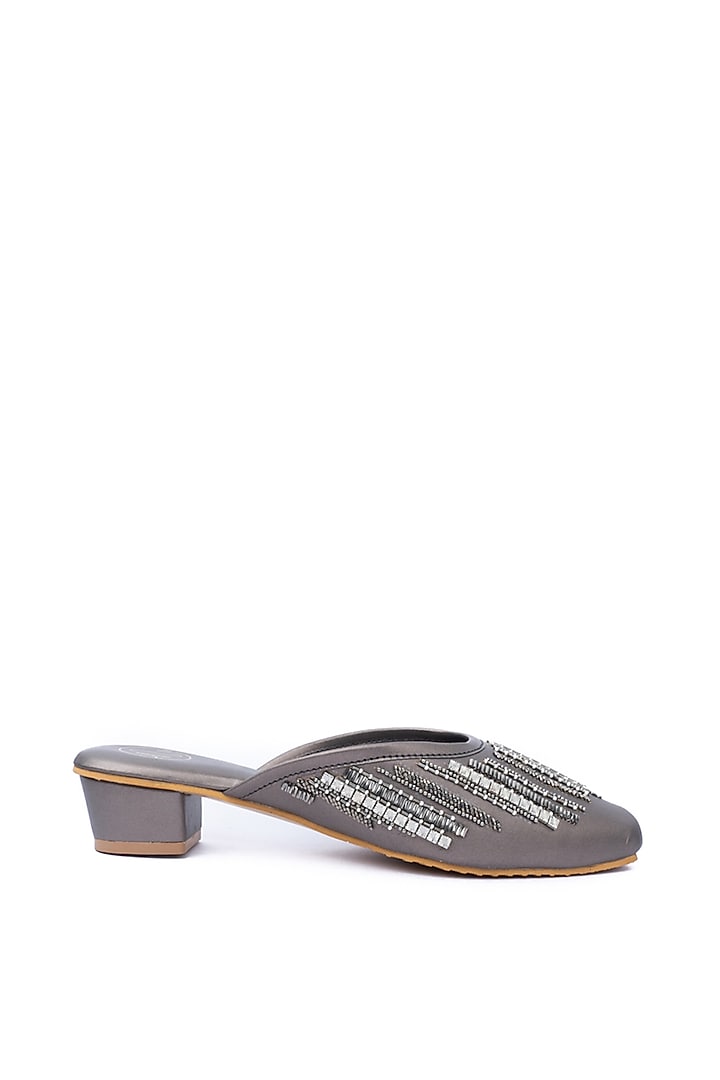 Metallic Grey Leather Embellished Mules by NR By Nidhi Rathi at Pernia's Pop Up Shop