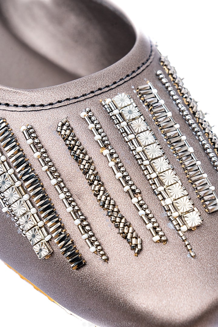 Metallic Grey Leather Embellished Mules by NR By Nidhi Rathi at Pernia's Pop Up Shop