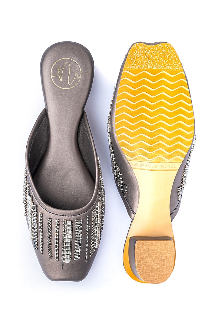 Metallic Grey Leather Embellished Mules by NR By Nidhi Rathi at Pernia's Pop Up Shop