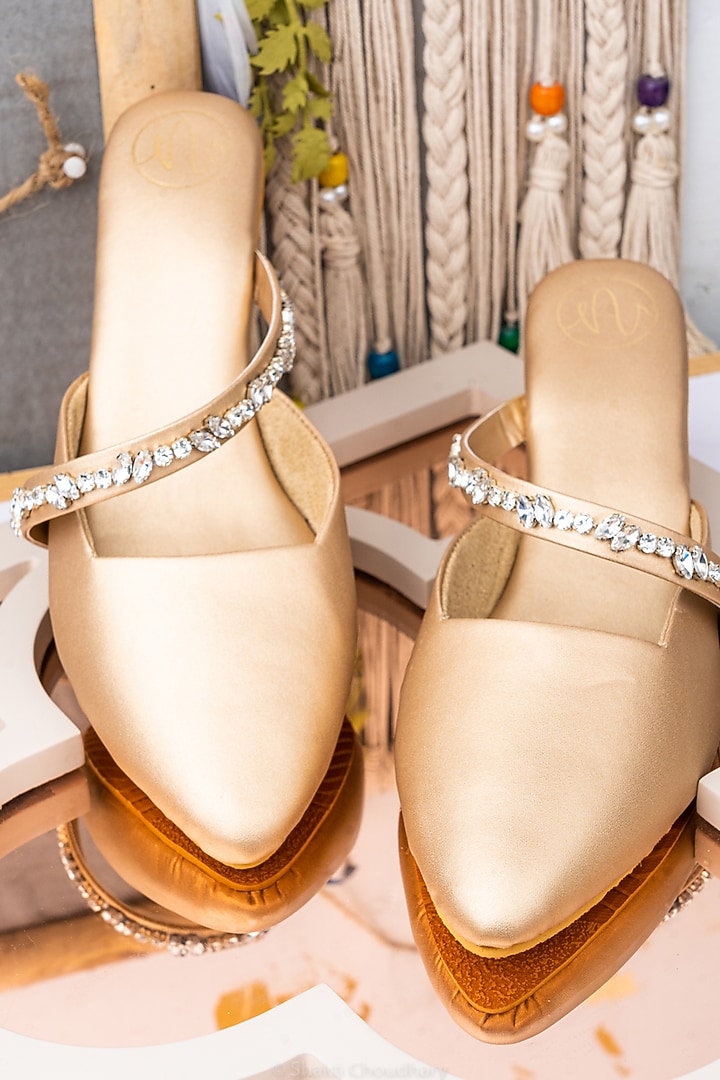Gold Leather Embellished Heels by NR By Nidhi Rathi at Pernia's Pop Up Shop