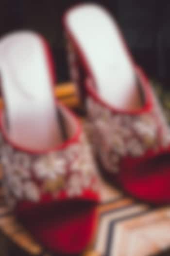 Maroon Velvet Embellished Heels by NR By Nidhi Rathi