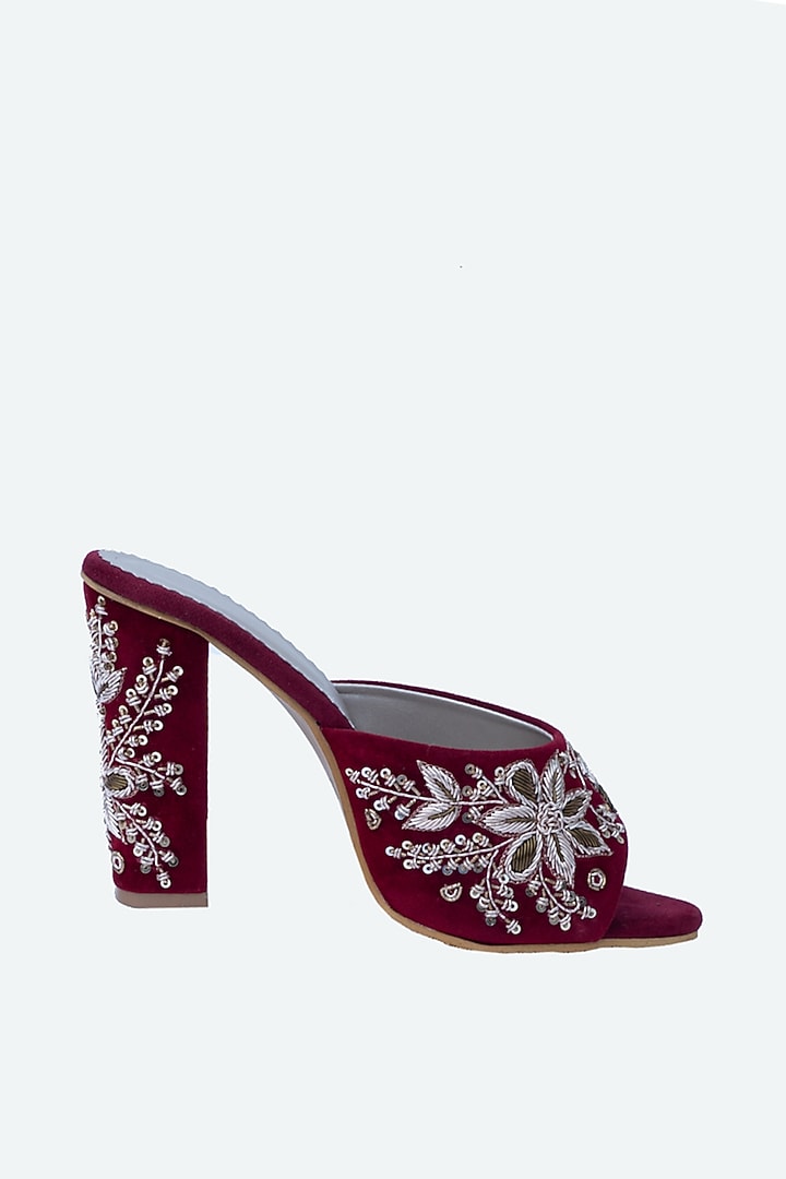 Maroon Velvet Embellished Heels by NR By Nidhi Rathi at Pernia's Pop Up Shop