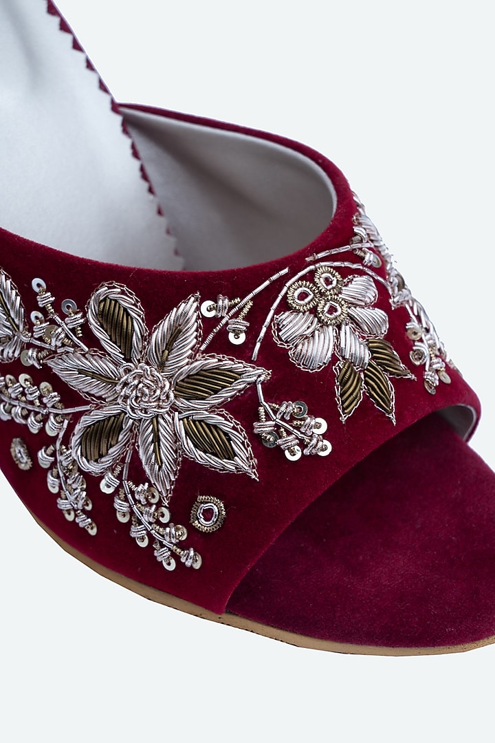 Maroon Velvet Embellished Heels by NR By Nidhi Rathi at Pernia's Pop Up Shop