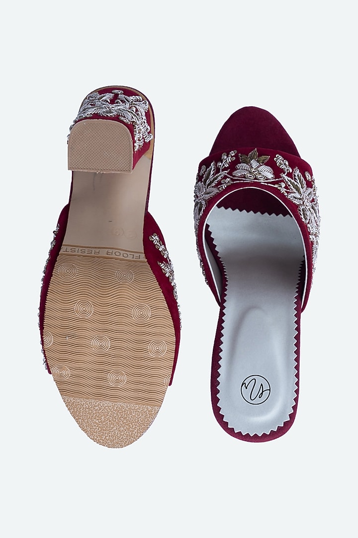 Maroon Velvet Embellished Heels by NR By Nidhi Rathi at Pernia's Pop Up Shop