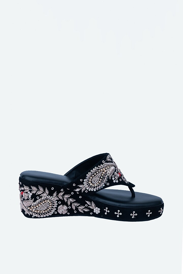 Black Velvet Embellished Wedges by NR By Nidhi Rathi at Pernia's Pop Up Shop
