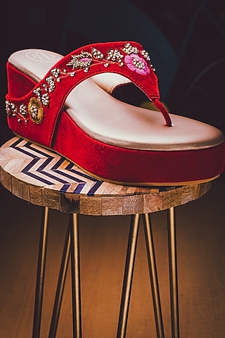 Red Velvet Embellished Wedges by NR By Nidhi Rathi