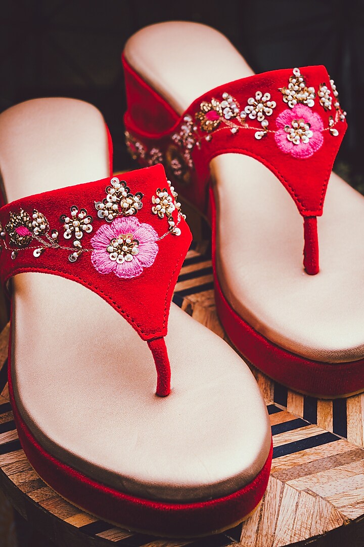 Red Velvet Embellished Wedges by NR By Nidhi Rathi at Pernia's Pop Up Shop