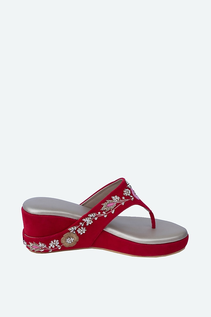 Red Velvet Embellished Wedges by NR By Nidhi Rathi at Pernia's Pop Up Shop