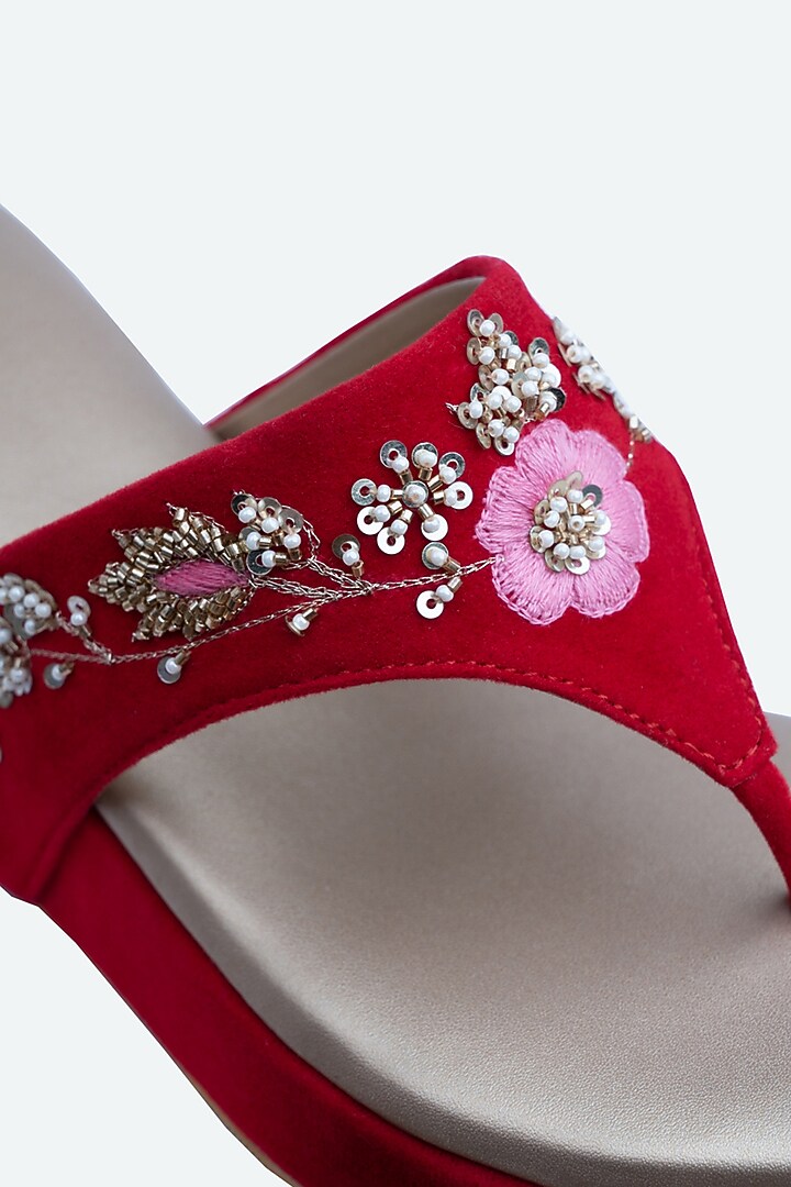 Red Velvet Embellished Wedges by NR By Nidhi Rathi at Pernia's Pop Up Shop