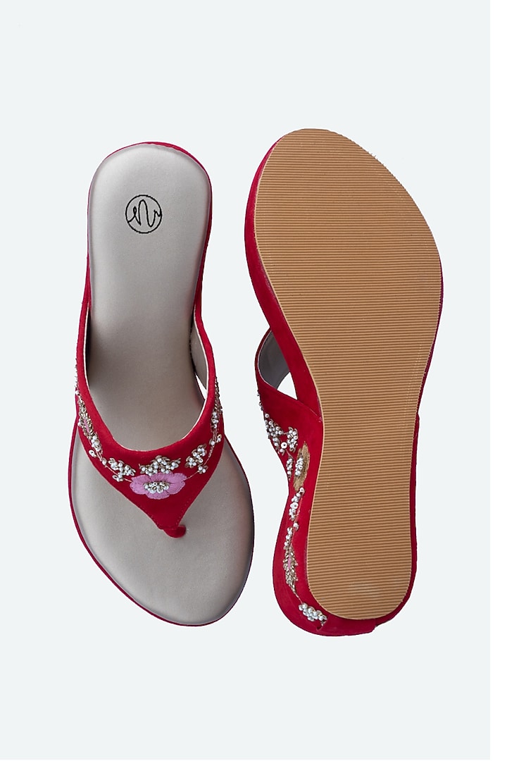 Red Velvet Embellished Wedges by NR By Nidhi Rathi at Pernia's Pop Up Shop
