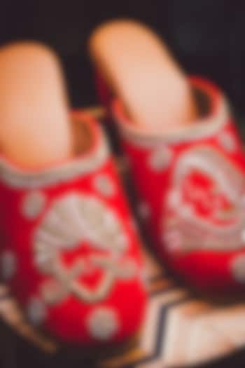 Red & Gold Velvet Embellished Mules by NR By Nidhi Rathi at Pernia's Pop Up Shop