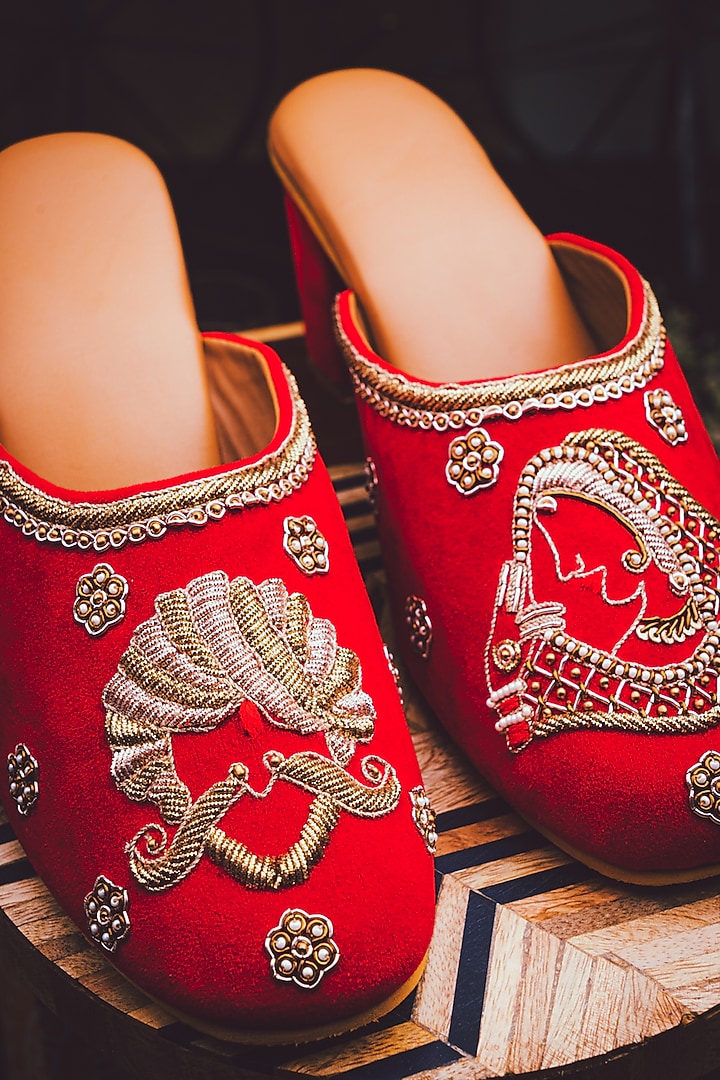 Red & Gold Velvet Embellished Mules by NR By Nidhi Rathi at Pernia's Pop Up Shop
