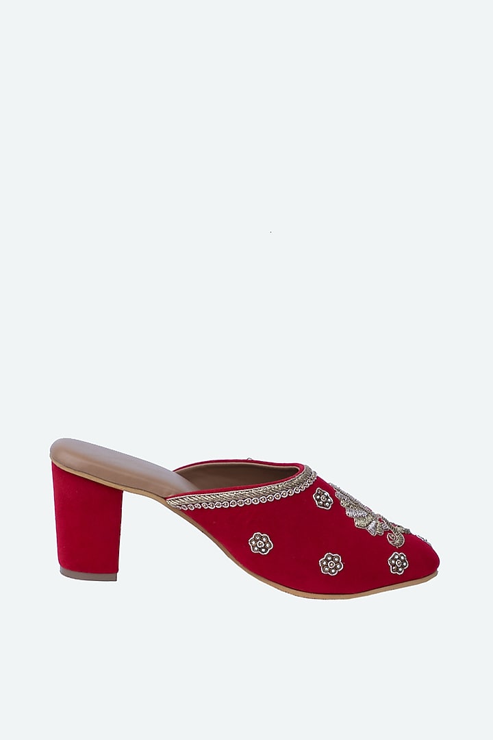 Red & Gold Velvet Embellished Mules by NR By Nidhi Rathi at Pernia's Pop Up Shop