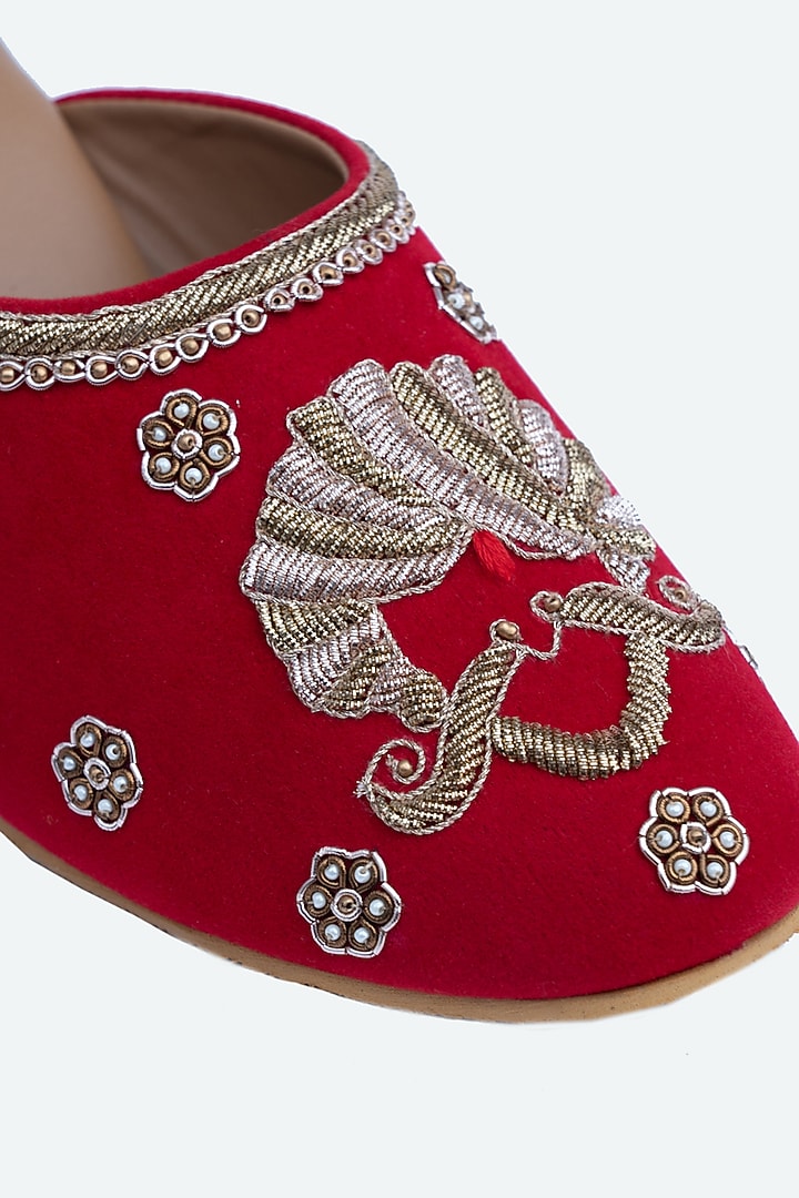 Red & Gold Velvet Embellished Mules by NR By Nidhi Rathi at Pernia's Pop Up Shop