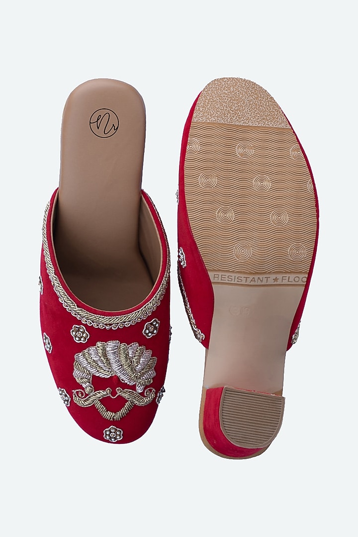 Red & Gold Velvet Embellished Mules by NR By Nidhi Rathi at Pernia's Pop Up Shop