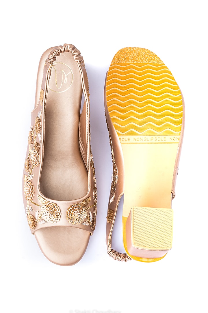 Rose Gold Leather Embellished Heels by NR By Nidhi Rathi at Pernia's Pop Up Shop