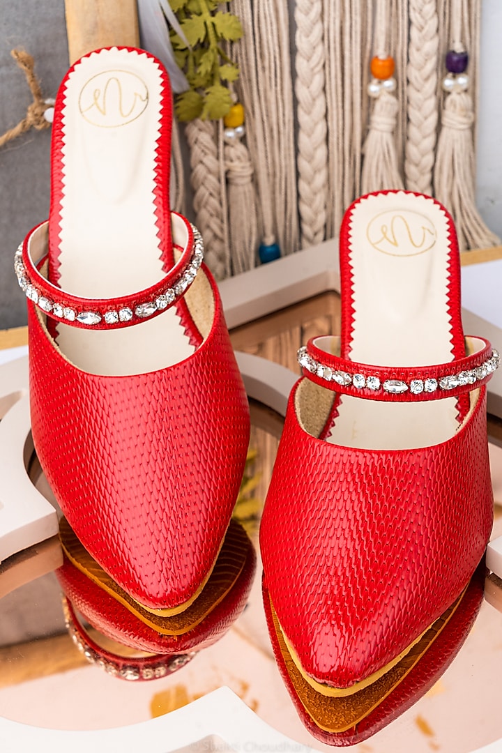 Red Leather Embellished Mules by NR By Nidhi Rathi