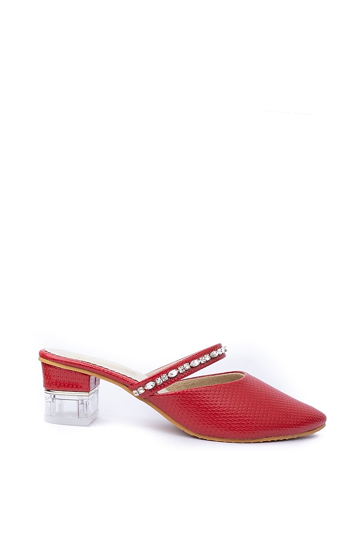 Red Leather Embellished Mules by NR By Nidhi Rathi at Pernia's Pop Up Shop