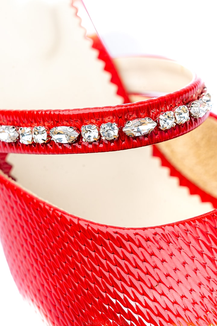Red Leather Embellished Mules by NR By Nidhi Rathi at Pernia's Pop Up Shop