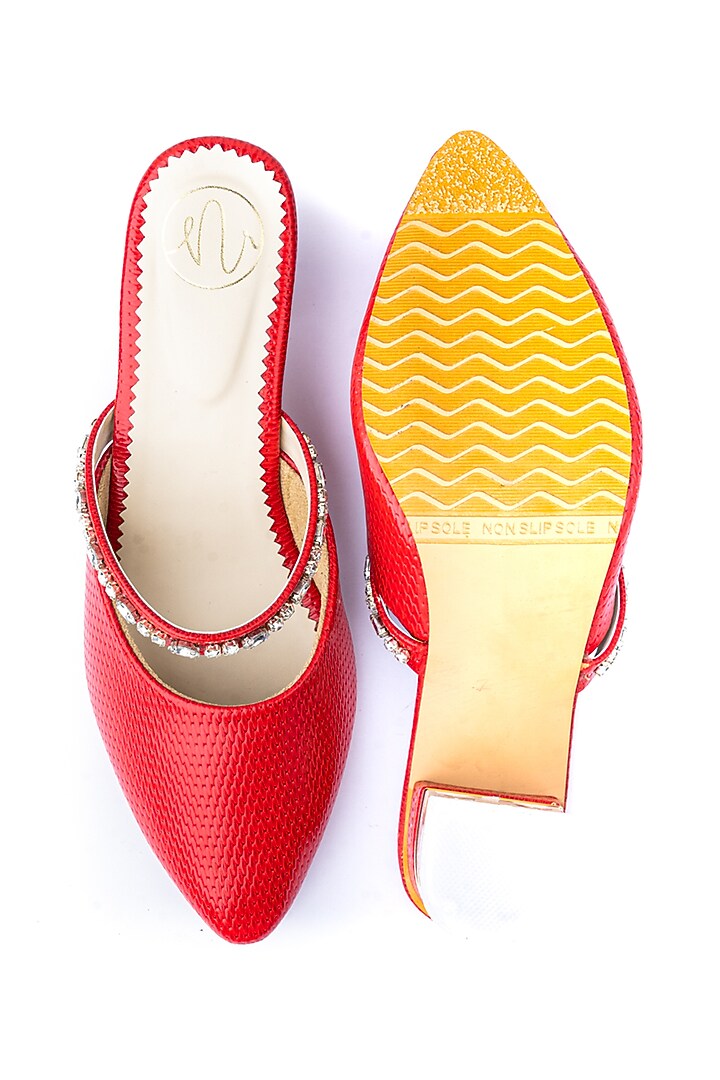 Red Leather Embellished Mules by NR By Nidhi Rathi at Pernia's Pop Up Shop