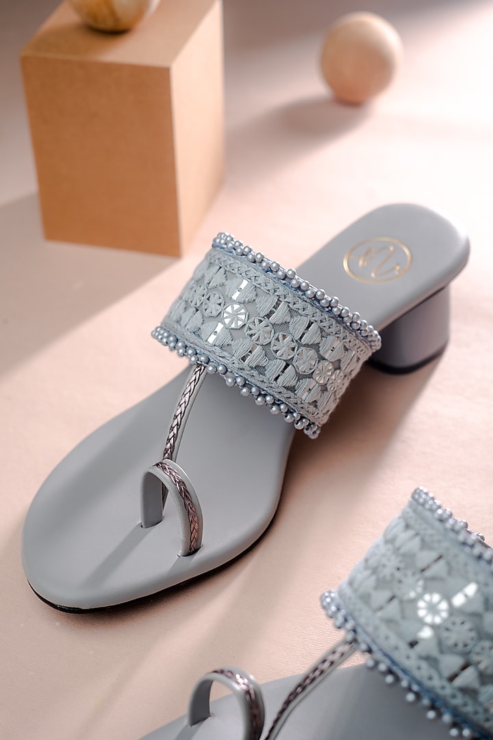 Grey Synthetic Patent Embellished Heels by NR By Nidhi Rathi