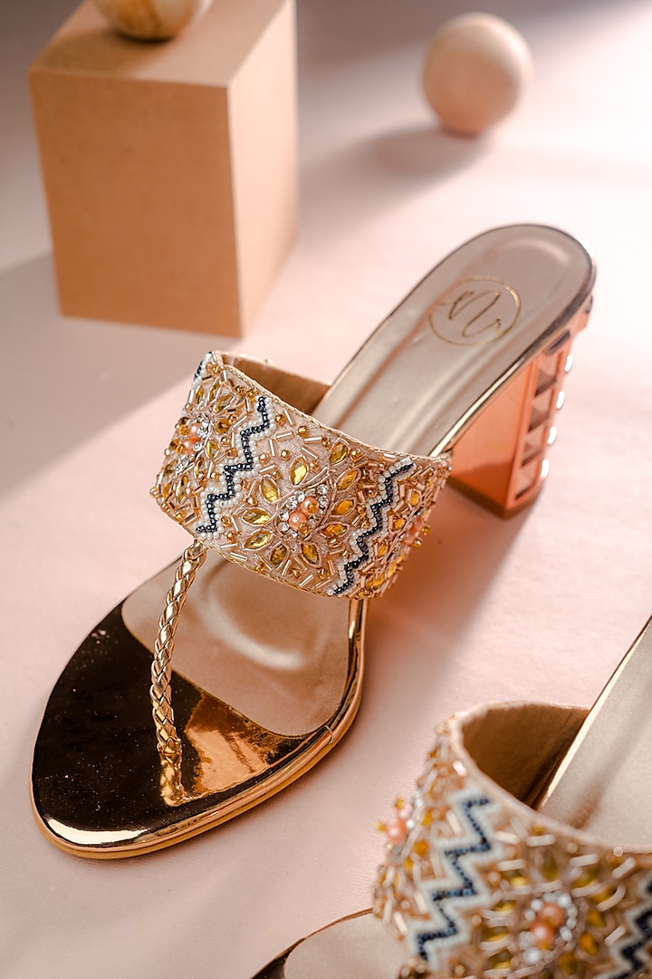 Rose Gold Synthetic Patent Embellished Heels by NR By Nidhi Rathi