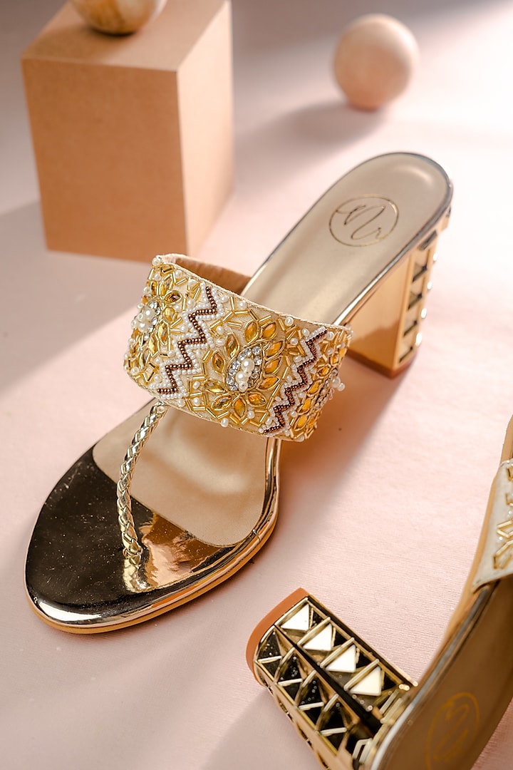 Gold Synthetic Patent Embellished Heels by NR By Nidhi Rathi